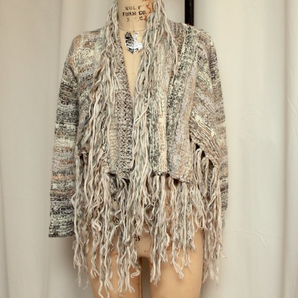 FREE PEOPLE mixed wool alpaca fringe cardigan sweater shawl  XS - Picture 4 of 4